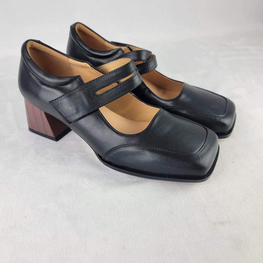 Black Double-Strap Leather Mary Jane Square Toe Block Heel Pumps US 7.5 EU 39